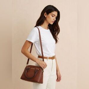 Steve Madden Women's Brown Gold-Tone Dome Satchel Handbag Crossbody Purse